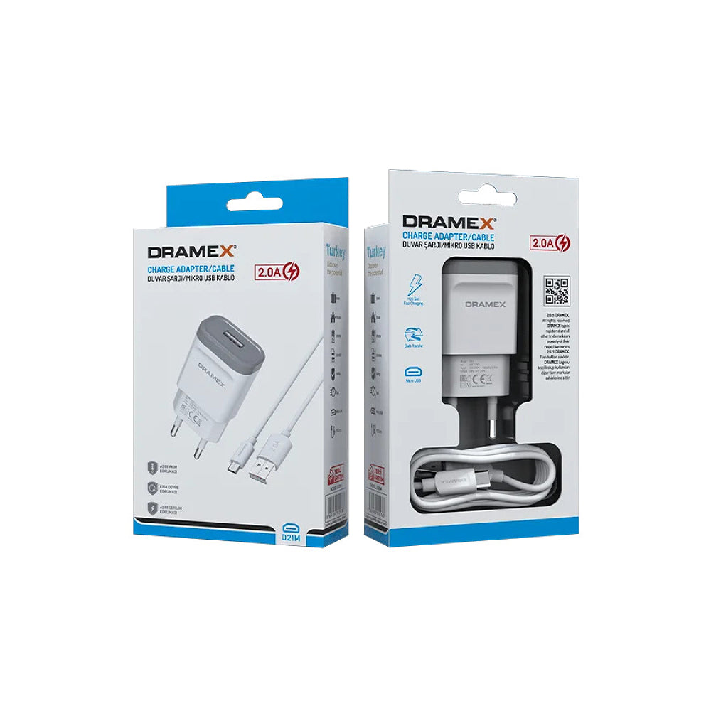  Dramex D21M 2.0A Micro USB Şarj Adaptörü & Şarj Data Kablosu